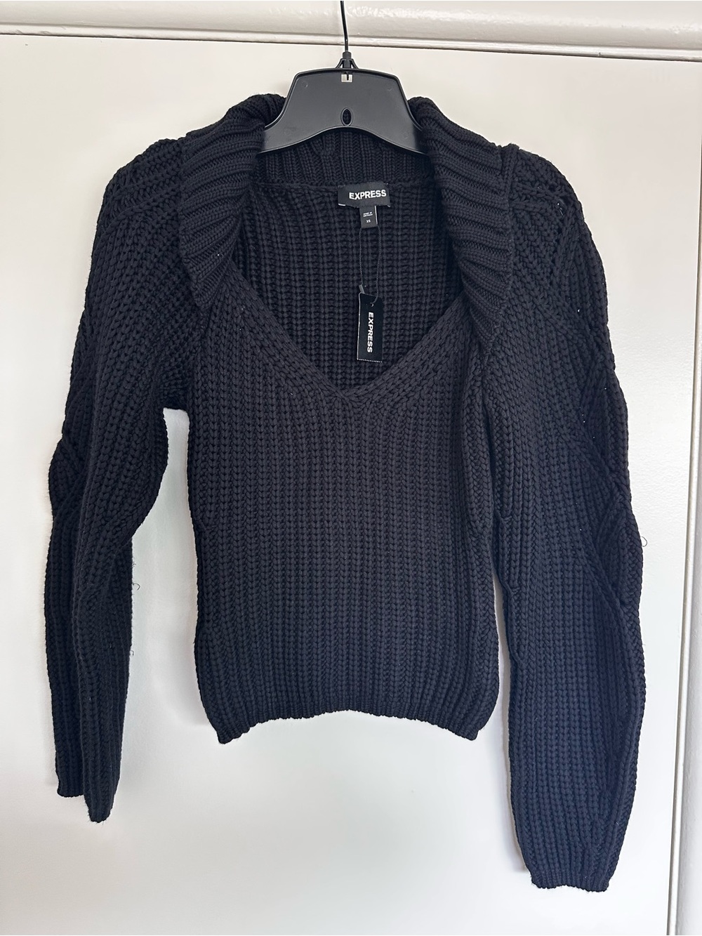 Express Black V-Neck Chunky Knit Sweater with Collar